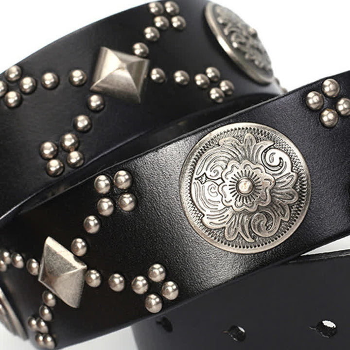 Cinturón de cuero con tachuelas y remaches con hebilla floral estilo punk para hombre