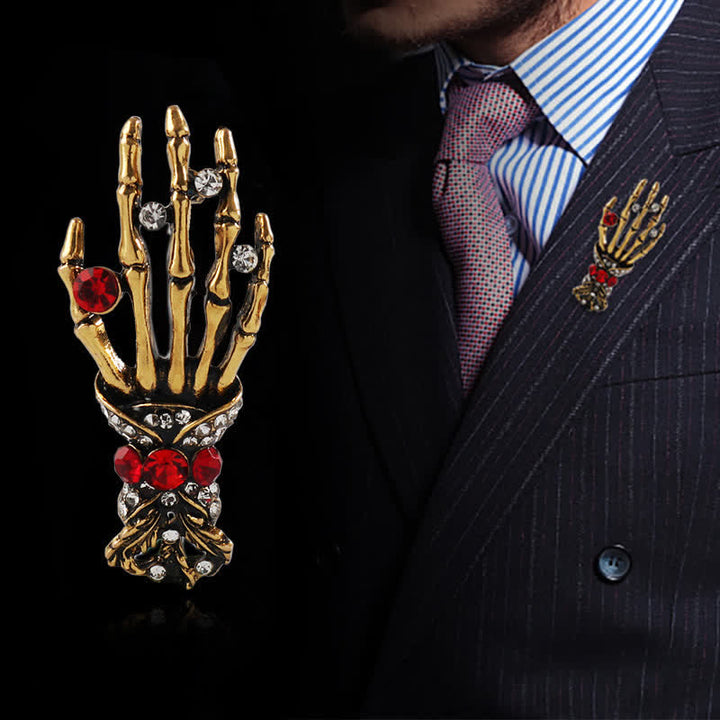 Broche de diamantes de imitación con forma de mano de esqueleto para hombre
