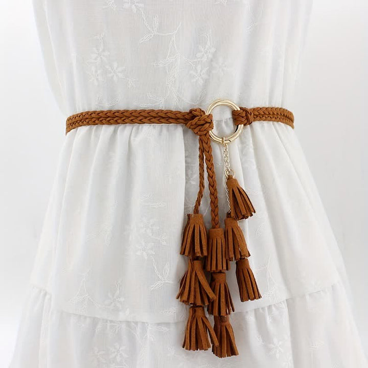 Cinturón de cuerda trenzada con borlas bohemias para mujer