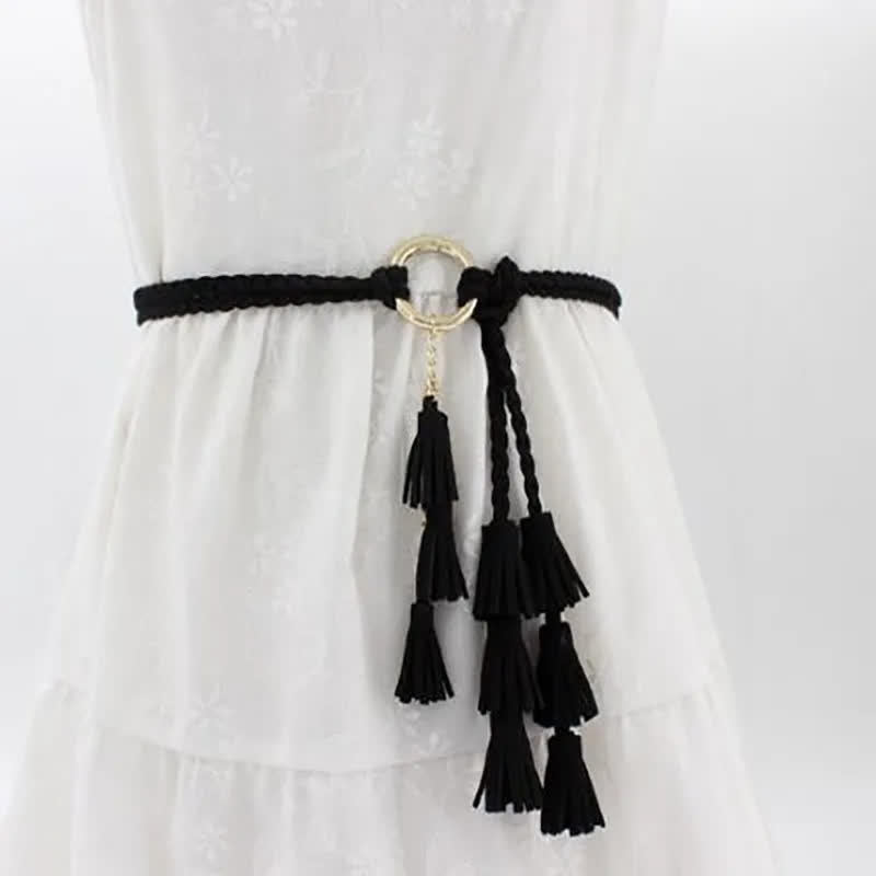 Cinturón de cuerda trenzada con borlas bohemias para mujer