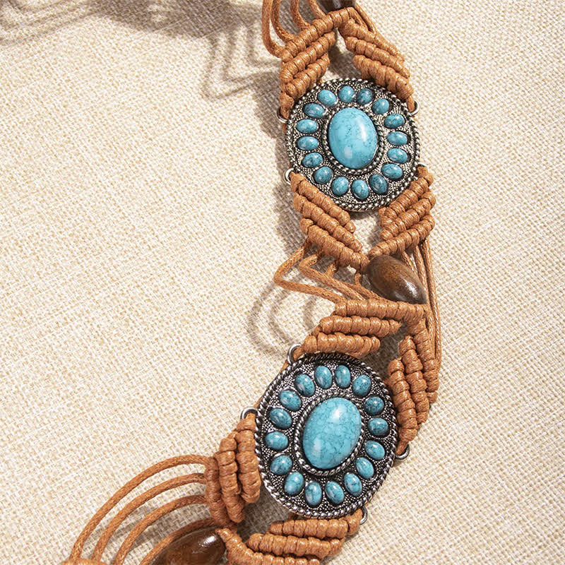 Cinturón de cuerda trenzada bohemio con incrustaciones de turquesa para mujer