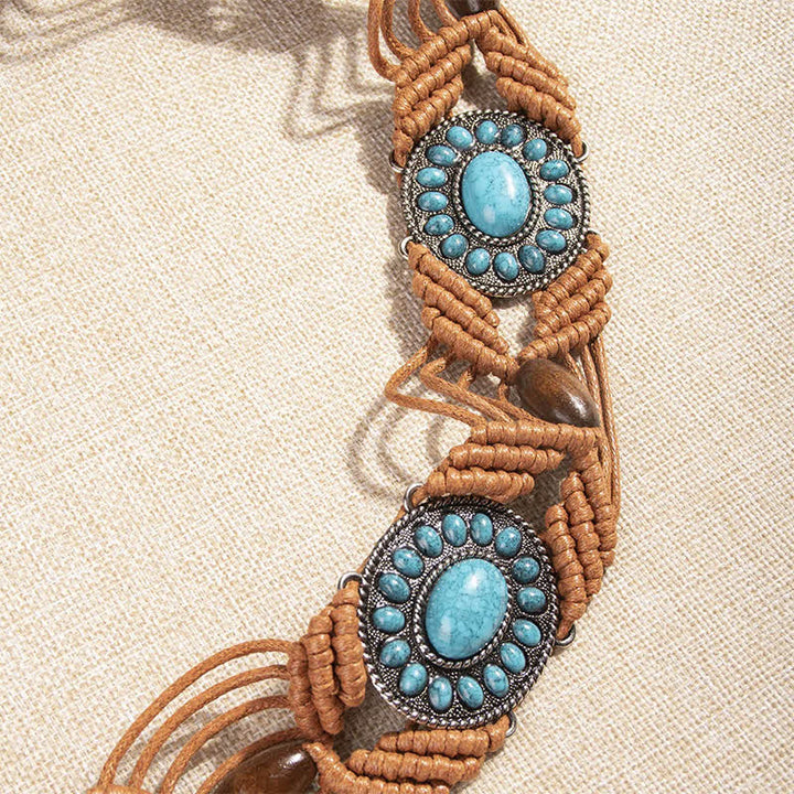 Cinturón de cuerda trenzada bohemio con incrustaciones de turquesa para mujer