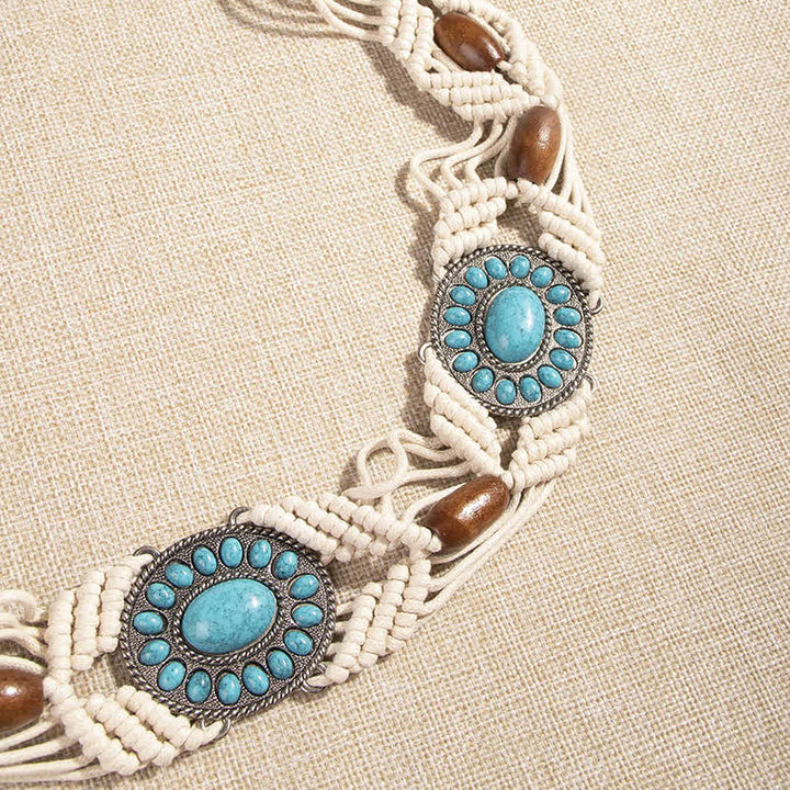 Cinturón de cuerda trenzada bohemio con incrustaciones de turquesa para mujer