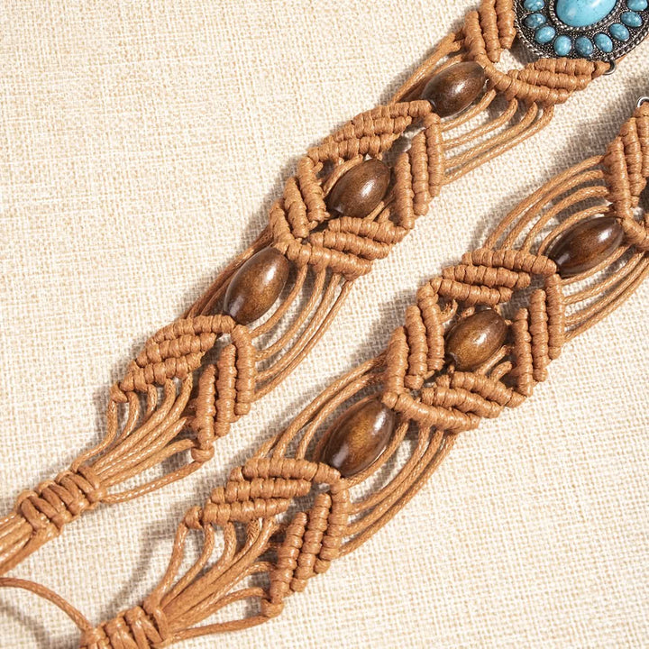 Cinturón de cuerda trenzada bohemio con incrustaciones de turquesa para mujer