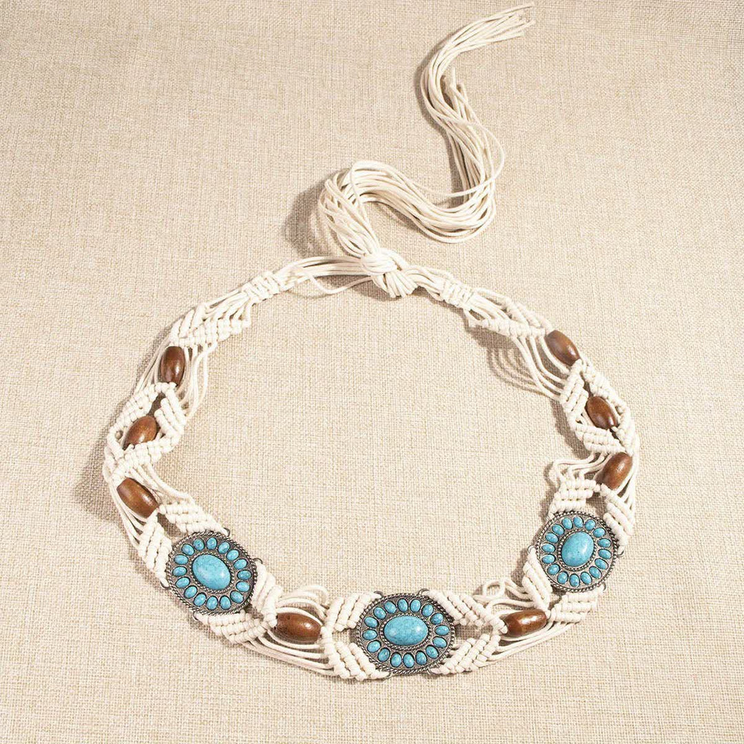 Cinturón de cuerda trenzada bohemio con incrustaciones de turquesa para mujer