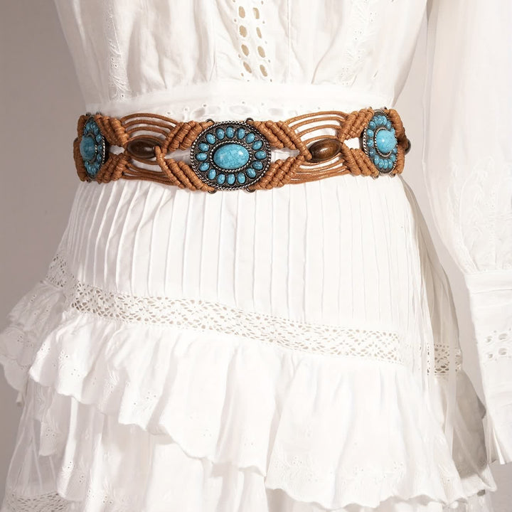Cinturón de cuerda trenzada bohemio con incrustaciones de turquesa para mujer