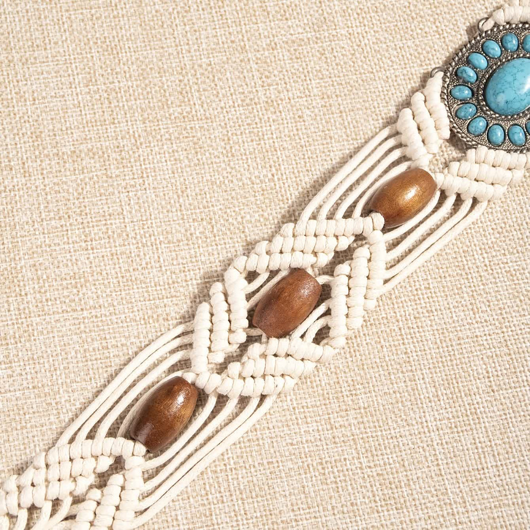 Cinturón de cuerda trenzada bohemio con incrustaciones de turquesa para mujer