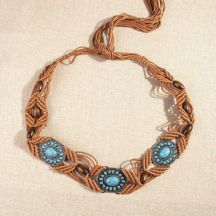 Cinturón de cuerda trenzada bohemio con incrustaciones de turquesa para mujer