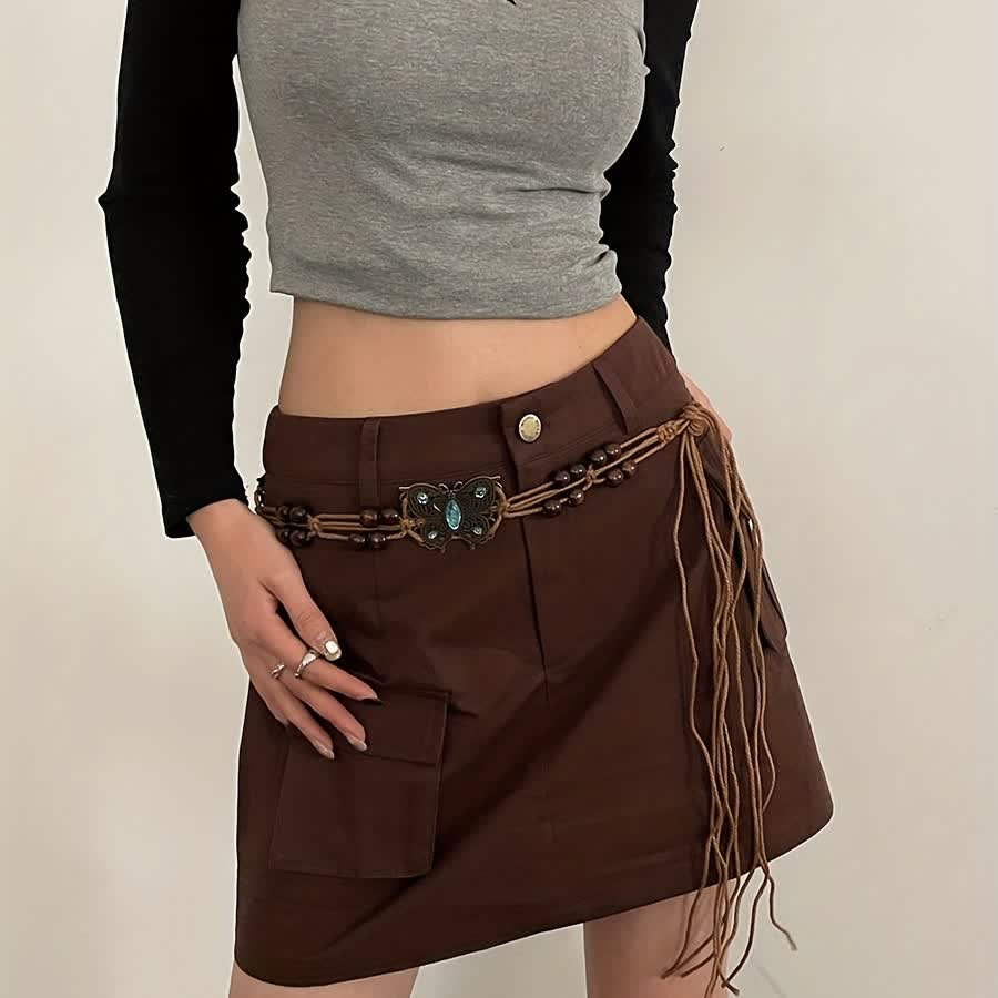 Cinturón de cuerda trenzada estilo bohemio con diseño de flores y mariposas para mujer