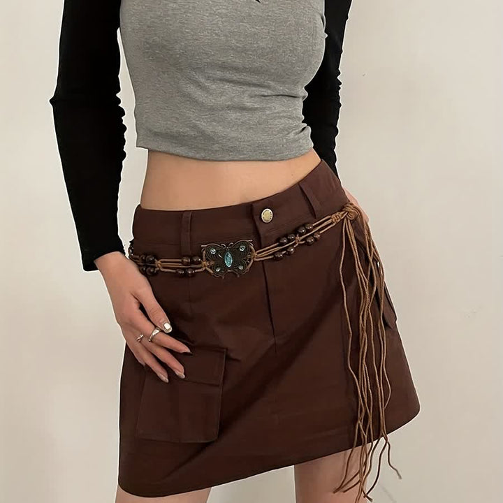 Cinturón de cuerda trenzada estilo bohemio con diseño de flores y mariposas para mujer