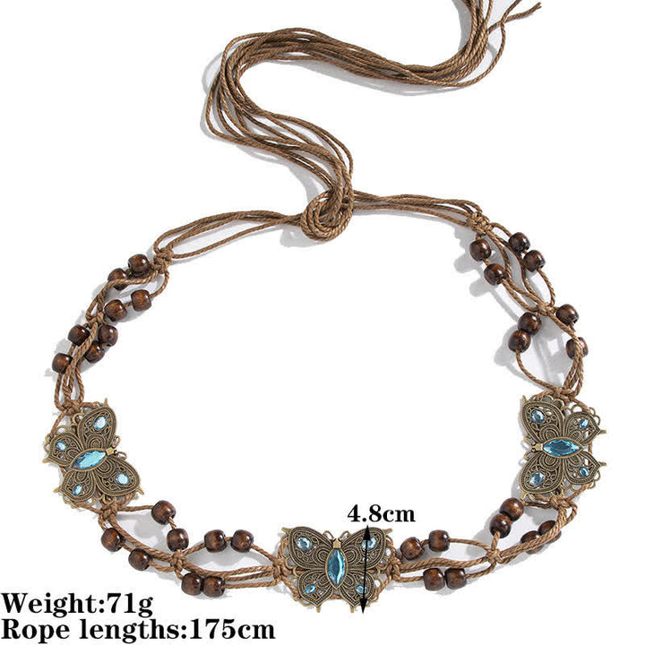Cinturón de cuerda trenzada estilo bohemio con diseño de flores y mariposas para mujer