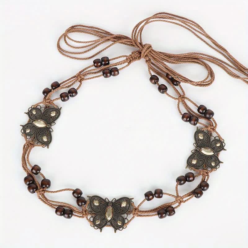 Cinturón de cuerda trenzada estilo bohemio con diseño de flores y mariposas para mujer