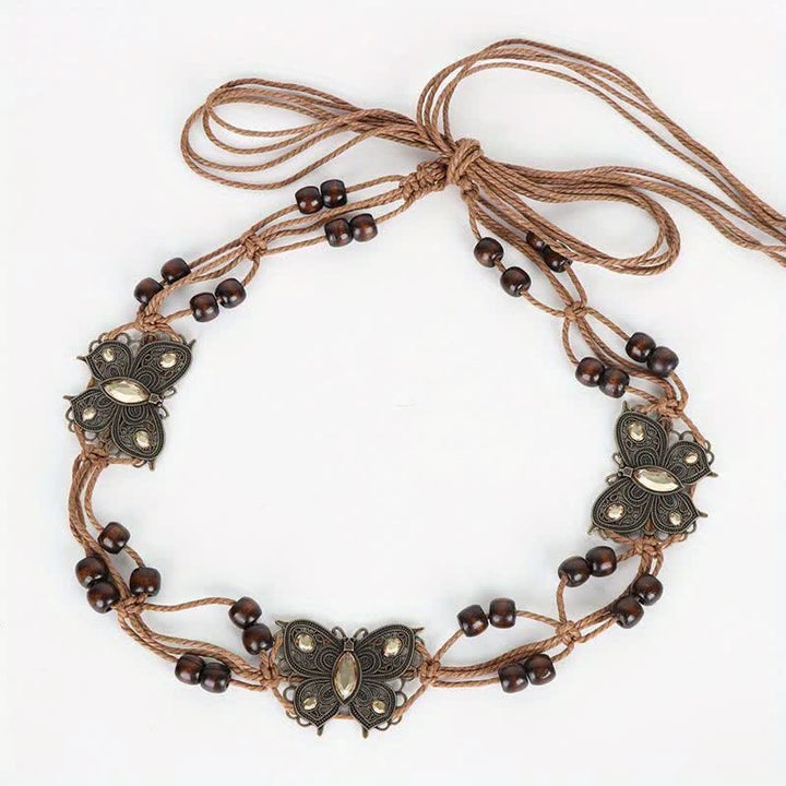 Cinturón de cuerda trenzada estilo bohemio con diseño de flores y mariposas para mujer