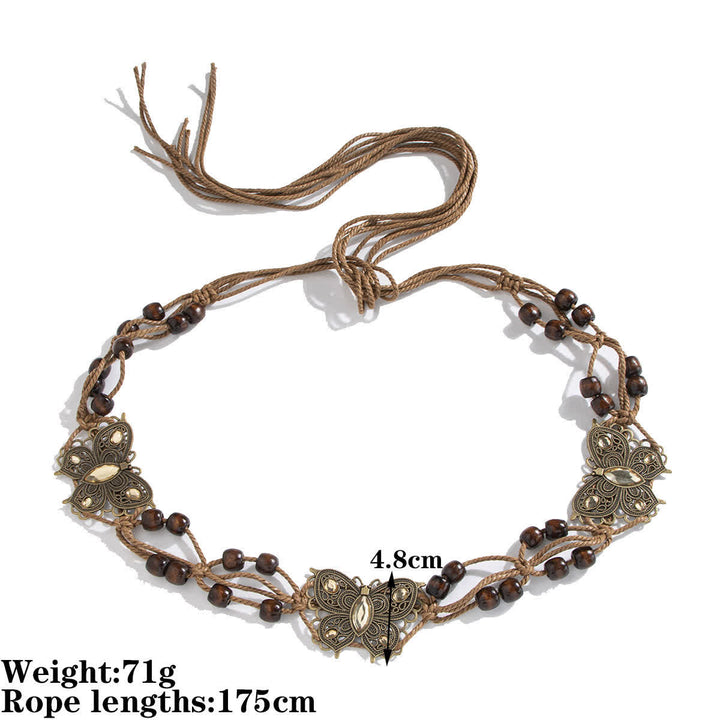 Cinturón de cuerda trenzada estilo bohemio con diseño de flores y mariposas para mujer