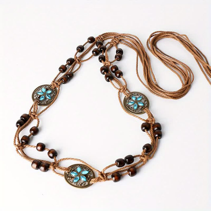 Cinturón de cuerda trenzada estilo bohemio con diseño de flores y mariposas para mujer