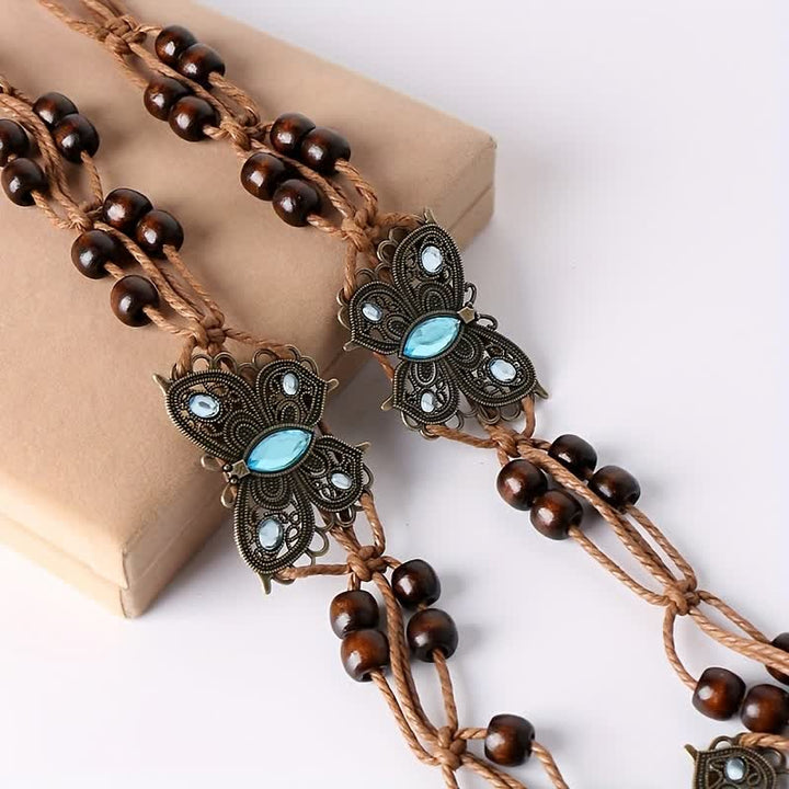 Cinturón de cuerda trenzada estilo bohemio con diseño de flores y mariposas para mujer