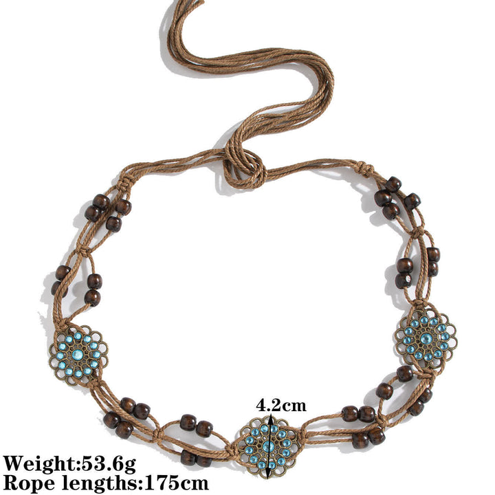 Cinturón de cuerda trenzada estilo bohemio con diseño de flores y mariposas para mujer