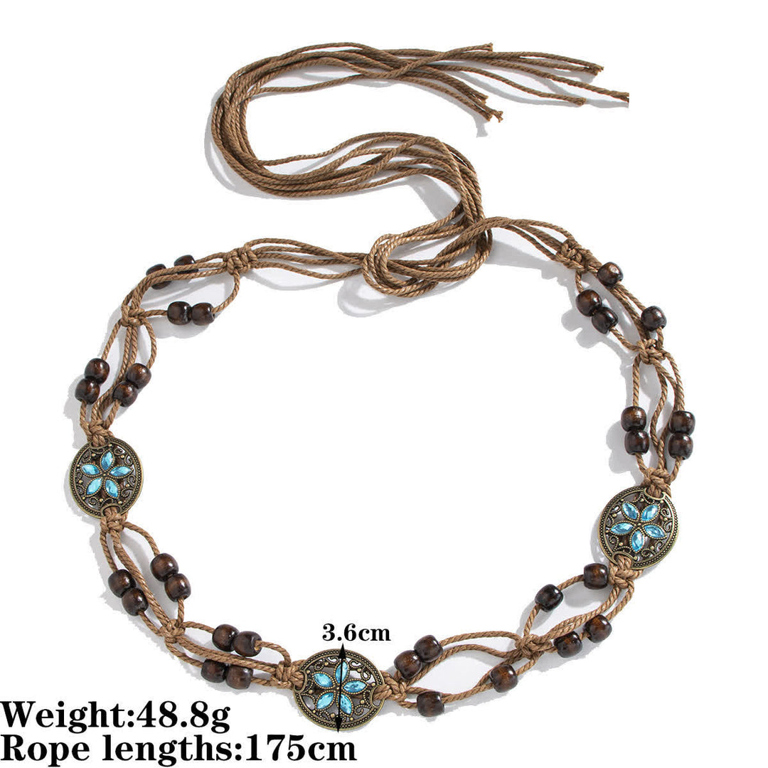 Cinturón de cuerda trenzada estilo bohemio con diseño de flores y mariposas para mujer