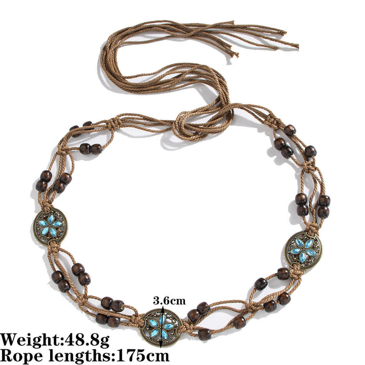 Cinturón de cuerda trenzada estilo bohemio con diseño de flores y mariposas para mujer