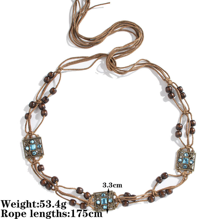 Cinturón de cuerda trenzada estilo bohemio con diseño de flores y mariposas para mujer