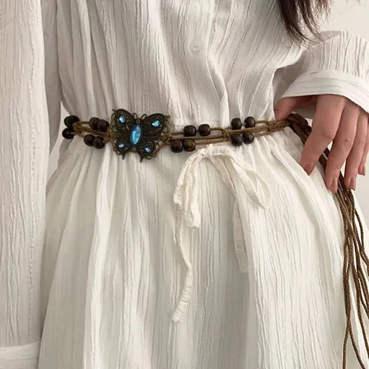 Cinturón de cuerda trenzada estilo bohemio con diseño de flores y mariposas para mujer