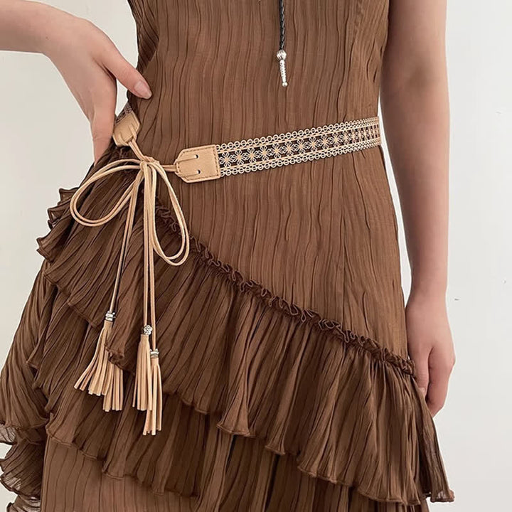 Cinturón de cuerda estilo bohemio con flores huecas para mujer