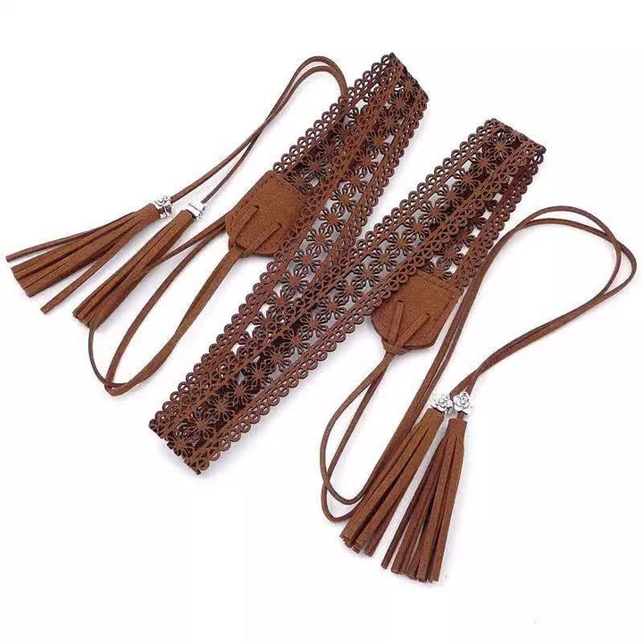 Cinturón de cuerda estilo bohemio con flores huecas para mujer