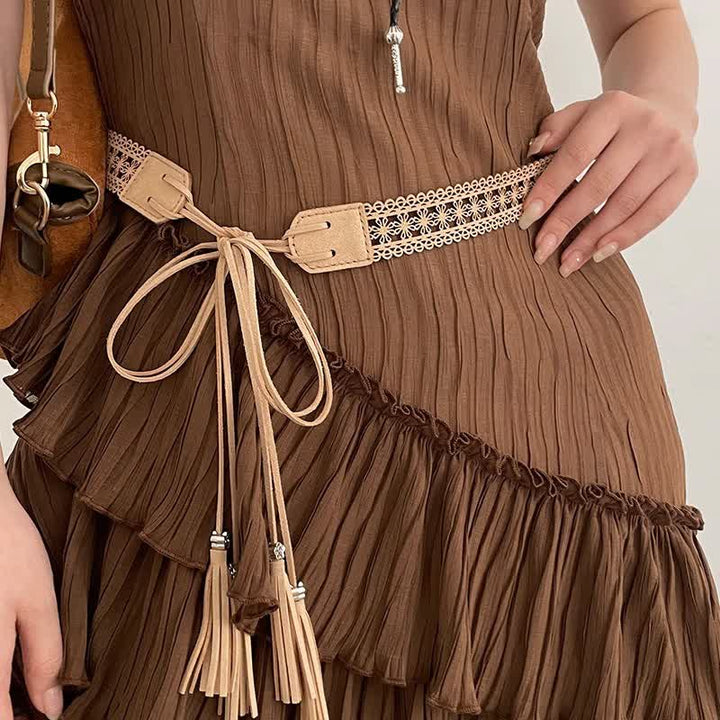 Cinturón de cuerda estilo bohemio con flores huecas para mujer