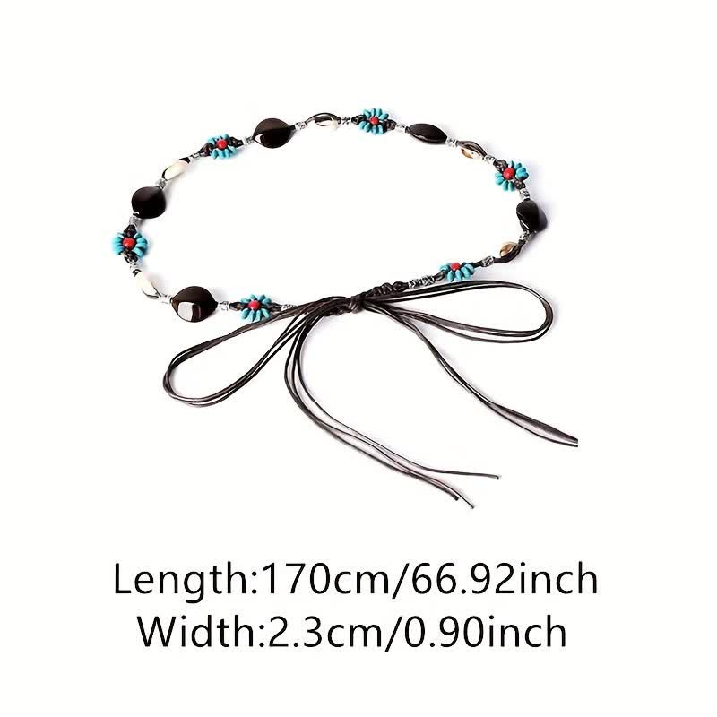 Cinturón de cuerda trenzada estilo bohemio con flores y cuentas para mujer