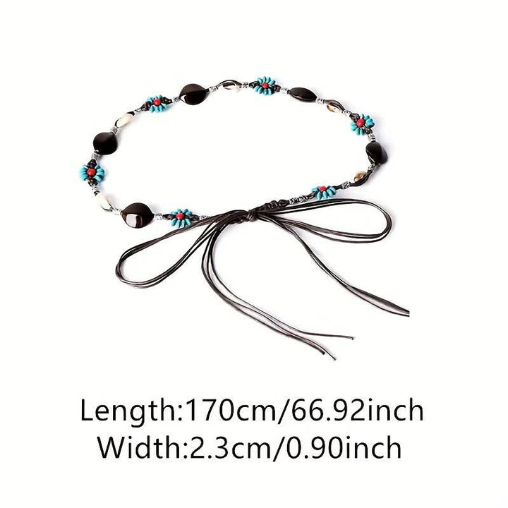 Cinturón de cuerda trenzada estilo bohemio con flores y cuentas para mujer