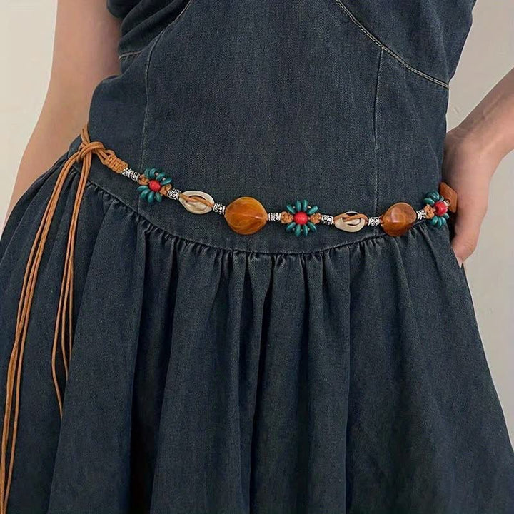 Cinturón de cuerda trenzada estilo bohemio con flores y cuentas para mujer