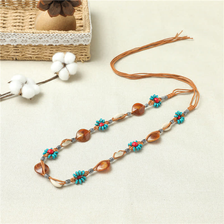 Cinturón de cuerda trenzada estilo bohemio con flores y cuentas para mujer