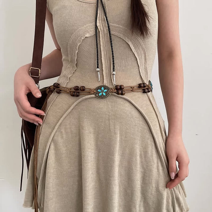 Cinturón de cuerda trenzada estilo bohemio con cuentas de madera y piedras preciosas para mujer