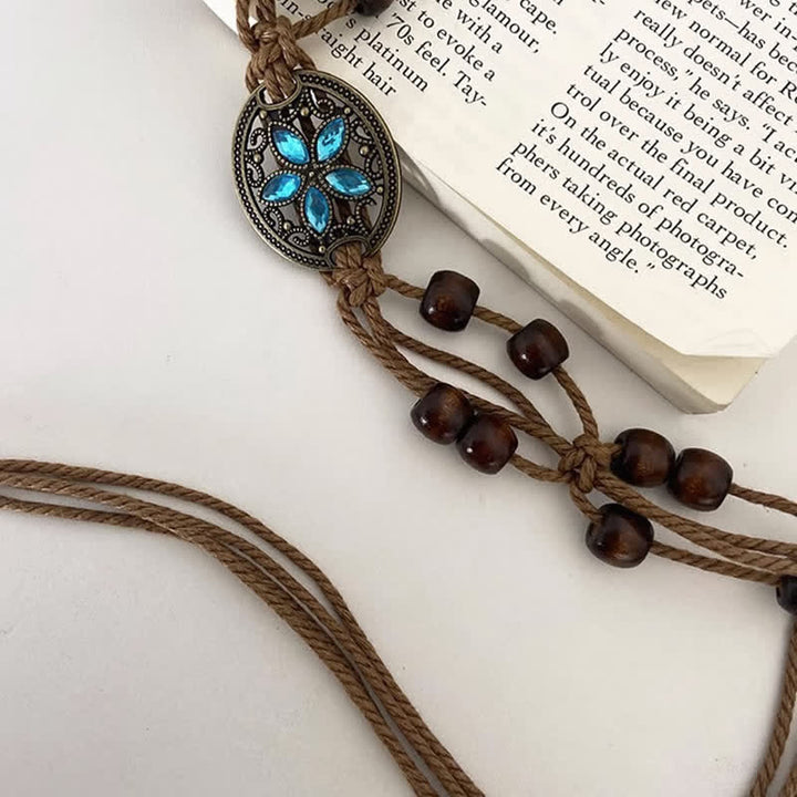 Cinturón de cuerda trenzada estilo bohemio con cuentas de madera y piedras preciosas para mujer