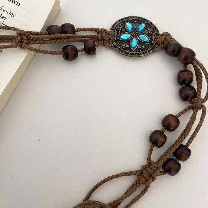 Cinturón de cuerda trenzada estilo bohemio con cuentas de madera y piedras preciosas para mujer