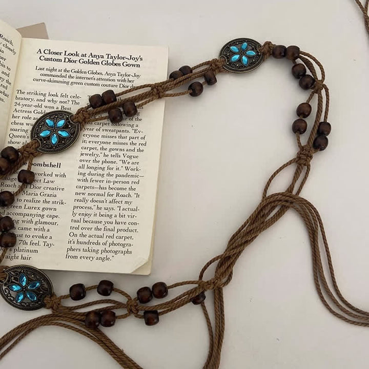 Cinturón de cuerda trenzada estilo bohemio con cuentas de madera y piedras preciosas para mujer