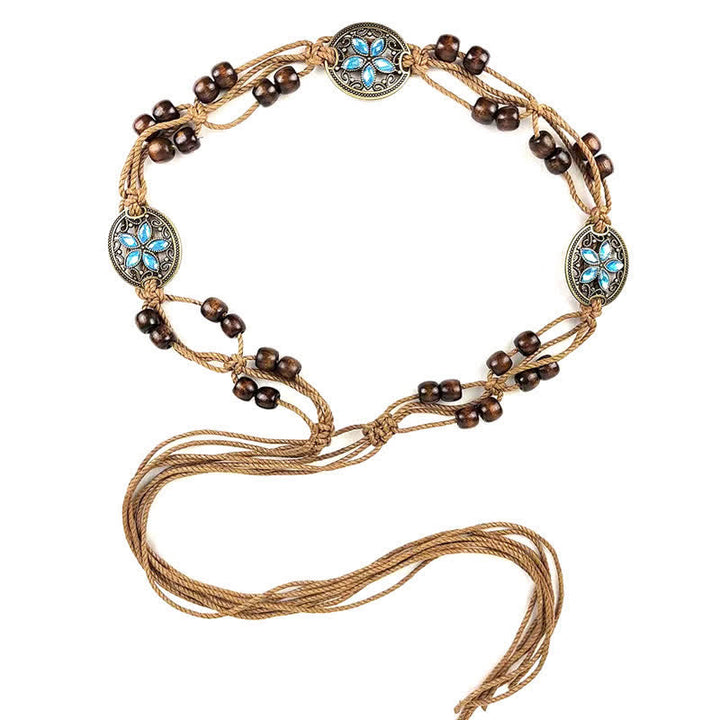 Cinturón de cuerda trenzada estilo bohemio con cuentas de madera y piedras preciosas para mujer