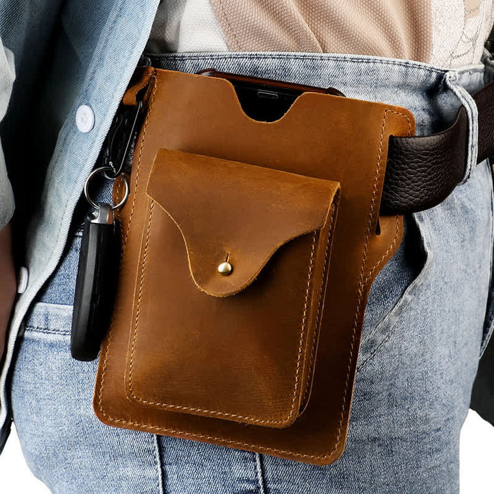 Funda para teléfono móvil para exteriores, llavero, bolso de cuero para cinturón