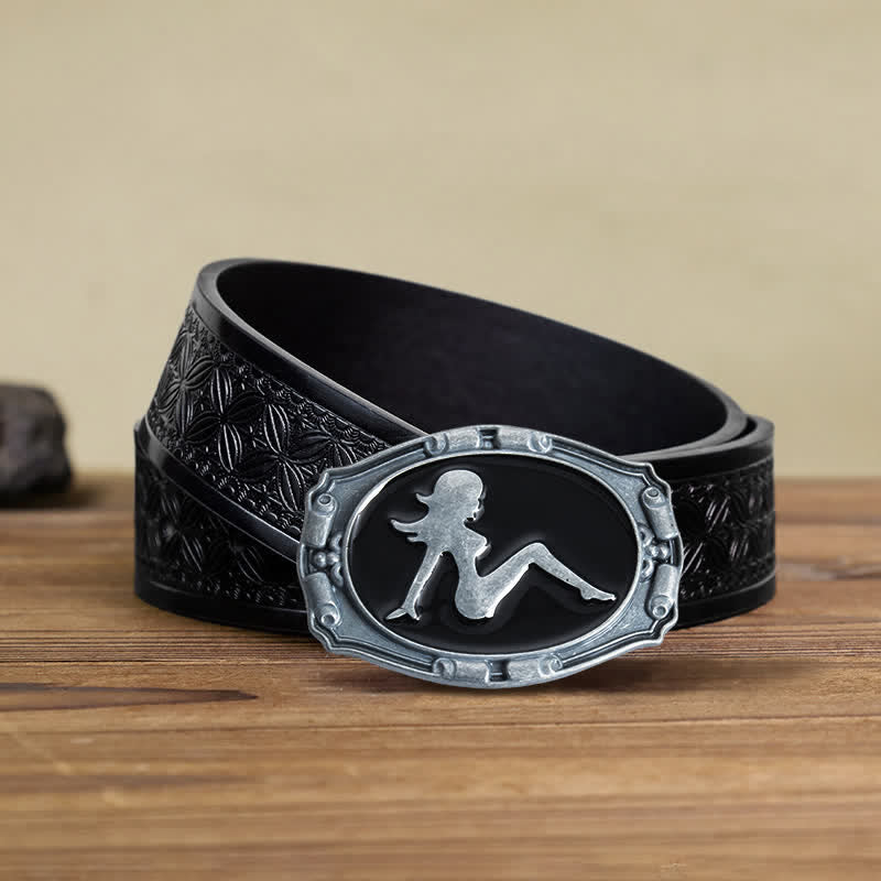 Cinturón de cuero con hebilla de silueta de mujer punk para hombre hecho a mano
