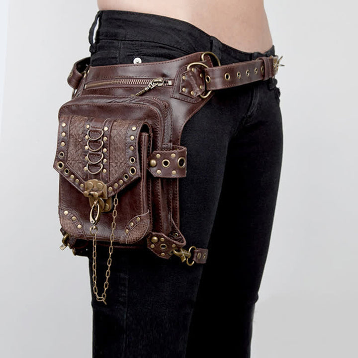 Riñonera de viaje estilo steampunk con cadena gótica marrón