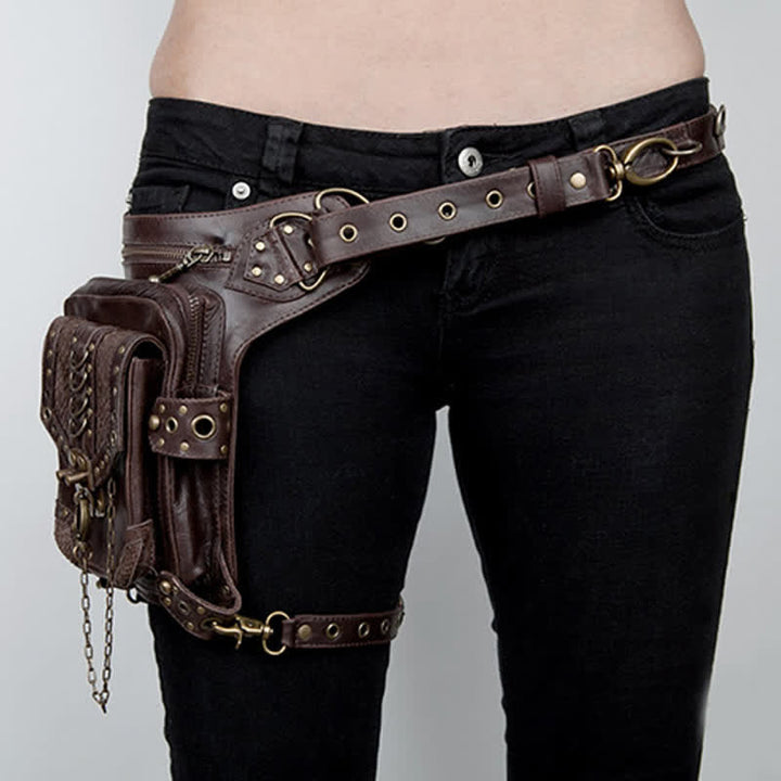 Riñonera de viaje estilo steampunk con cadena gótica marrón