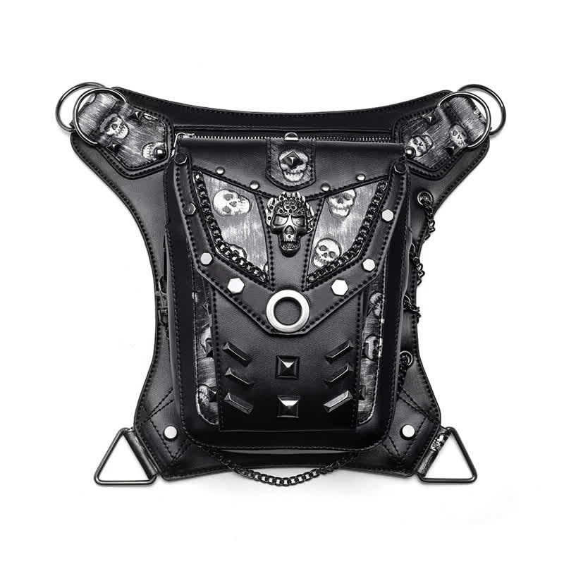 Bolso de pierna con cadena estilo steampunk con decoración de tachuelas de calavera