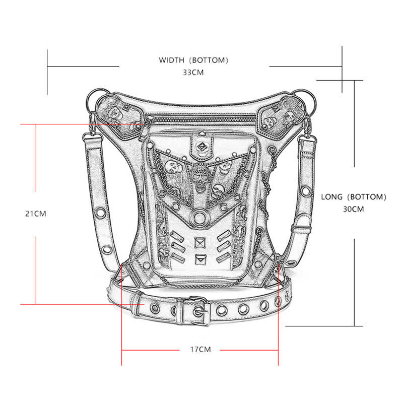 Bolso de pierna con cadena estilo steampunk con decoración de tachuelas de calavera