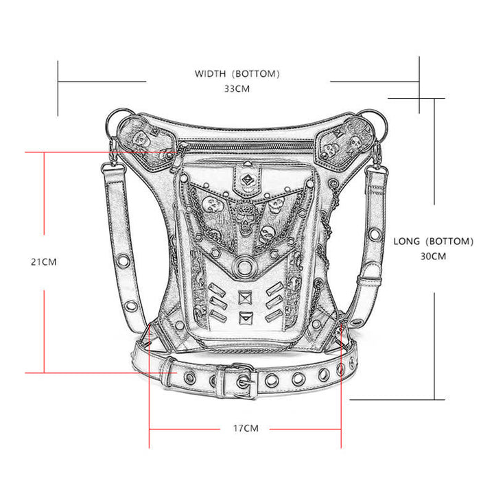 Bolso de pierna con cadena estilo steampunk con decoración de tachuelas de calavera