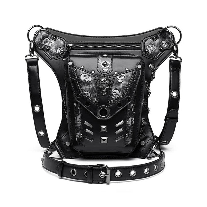 Bolso de pierna con cadena estilo steampunk con decoración de tachuelas de calavera