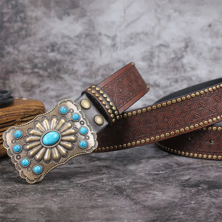 Cinturón de cuero con adornos de piedra turquesa estilo occidental para hombre