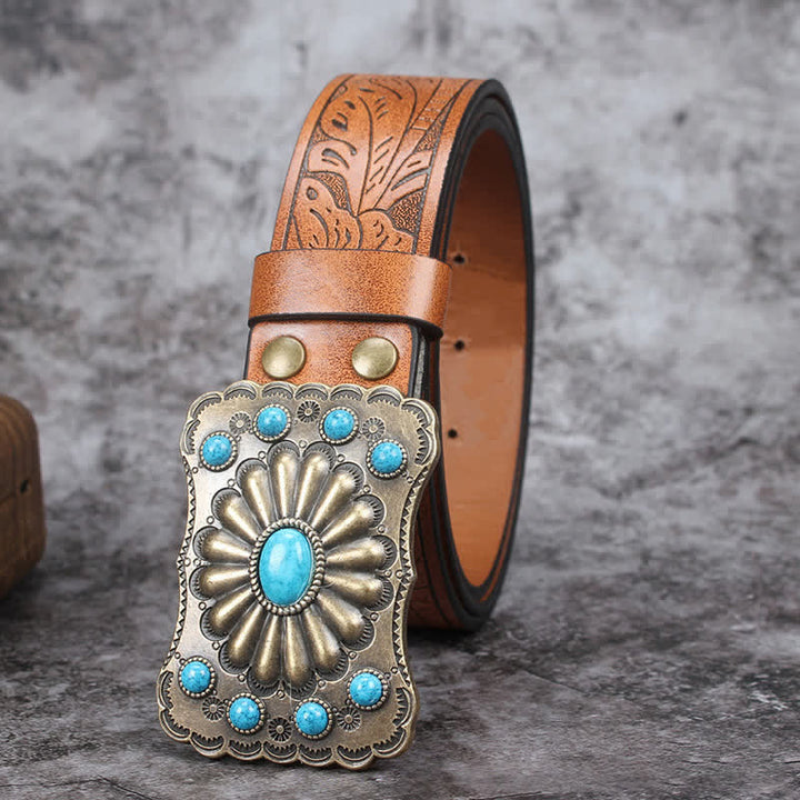 Cinturón de cuero con adornos de piedra turquesa estilo occidental para hombre