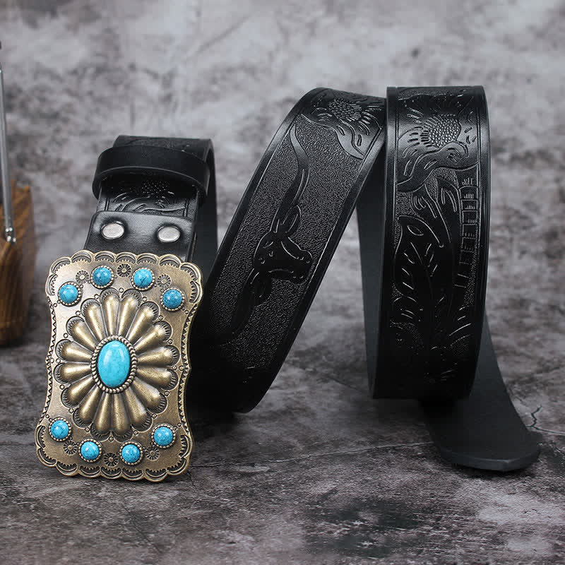 Cinturón de cuero con adornos de piedra turquesa estilo occidental para hombre