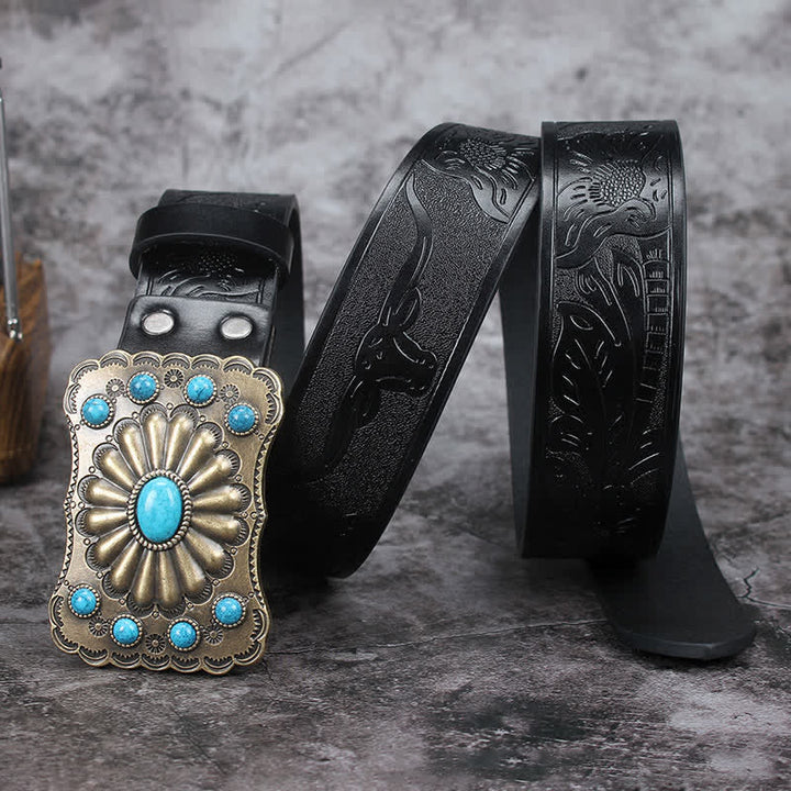 Cinturón de cuero con adornos de piedra turquesa estilo occidental para hombre