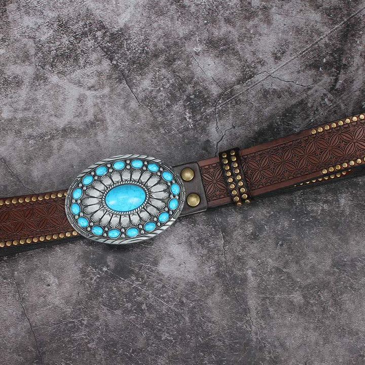 Cinturón de cuero con piedra turquesa estilo bohemio vintage para hombre